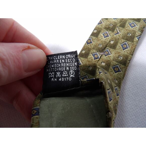 Vtg Oscar De La Renta Mens Silk Neck Tie Geometric Squares Green Neutral Italy - Picture 4 of 12